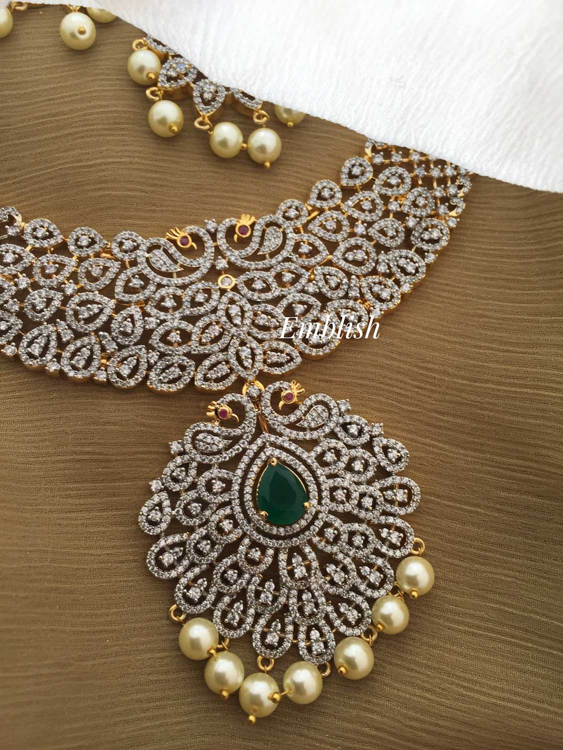 AD stones Pearl drop Peacock neckpiece- Green